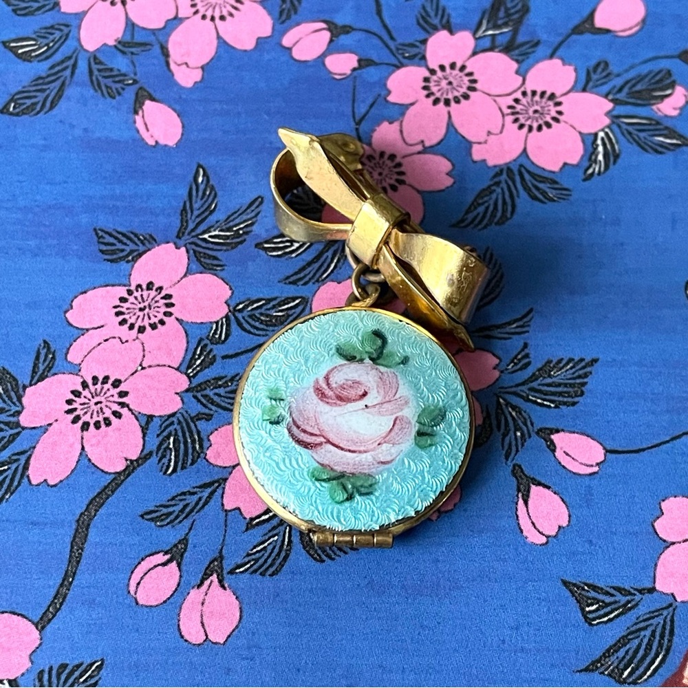 Vintage blue guilloche enamel & goldtone bow locket brooch pin romantic rose